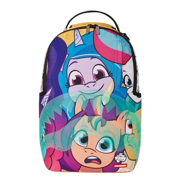 Sprayground DLXR Backpack with a vivid, all-over pony collage design, gold zippers, black trim, and multiple compartments for storage and travel.