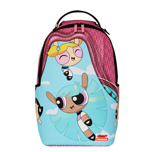 Sprayground DLXSV Backpack featuring Powerpuff Girls peeking through hidden spots in a vibrant, multi-layered graphic design, with gold zippers, black base, and multiple compartments for stylish organization.