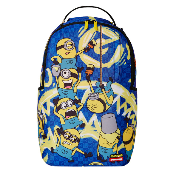 Backpack featuring Minions in a banana frenzy with bold cartoon graphics, gold zippers, and a structured streetwear-inspired design.