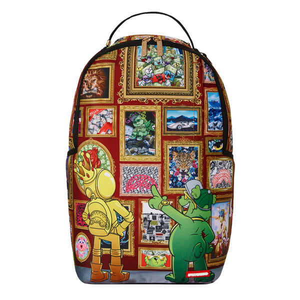 Sprayground backpack with vibrant gallery-style artwork, gold zippers, padded back, and adjustable straps for comfort and style.