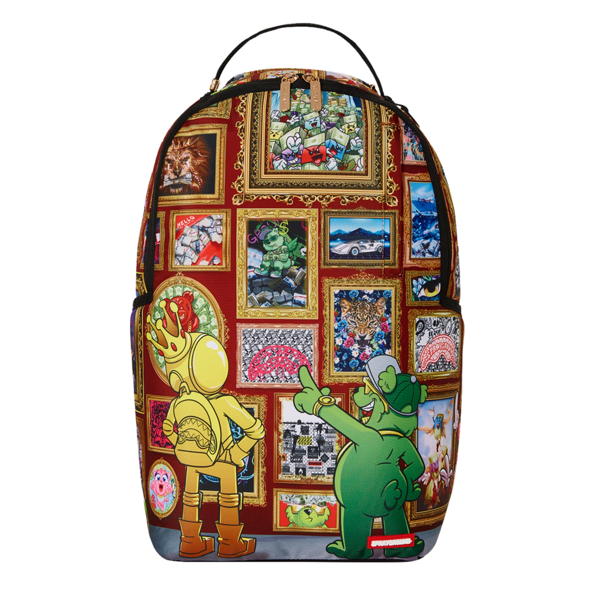 Sprayground backpack with vibrant gallery-style artwork, gold zippers, padded back, and adjustable straps for comfort and style.