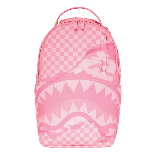 SPRAYGROUND 3AM Riptide Shark DLXSV Backpack with swirling blue and black design and bold shark mouth graphic on water-resistant vegan leather.