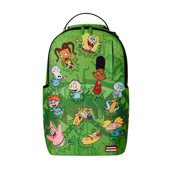 SPRAYGROUND 90's Nickelodeon Slime Squad DLXR Backpack with colorful cartoon graphics, green slime detailing, and durable black vegan leather finish.