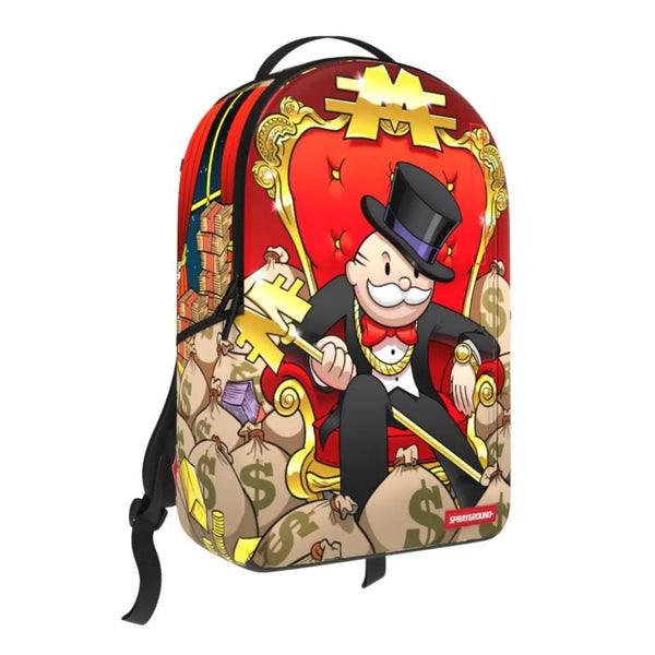 Sprayground DLXR Backpack featuring Monopoly’s Rich Uncle Pennybags at a luxury estate with money-themed graphics, gold zippers, and multiple compartments on a sleek black frame.