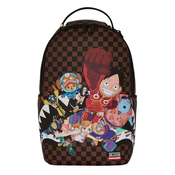 SPRAYGROUND One Piece Egghead Crew DLXSV Backpack featuring vivid anime artwork of One Piece characters from the Egghead Island arc on a durable black vegan leather design