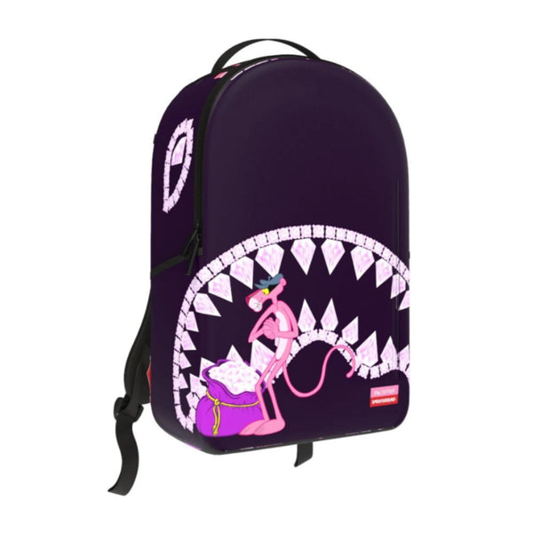 Sprayground Pink Panther Diamond Shark backpack featuring a diamond-studded shark mouth, Pink Panther artwork, black vegan leather, and multiple zip compartments.