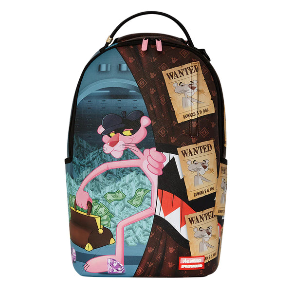 Sprayground backpack featuring the Pink Panther driving a red getaway car on a sleek black background with bold, cartoon-style design.