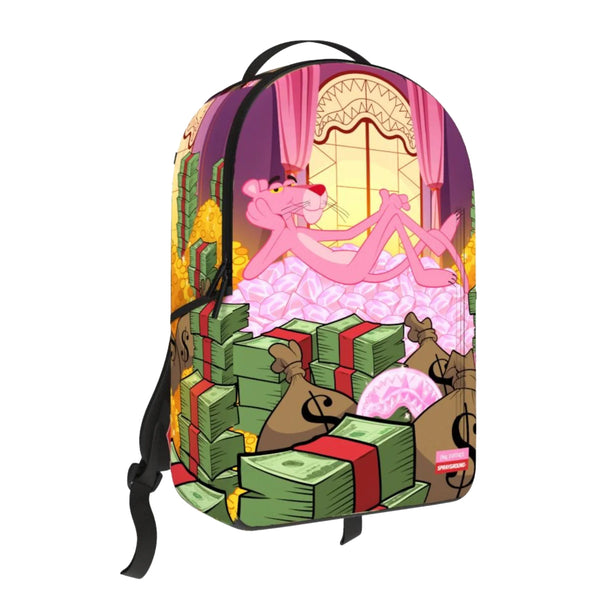 Sprayground DLXR Backpack featuring the Pink Panther lying on piles of cash, with a black base, gold zippers, and multiple compartments for stylish storage.