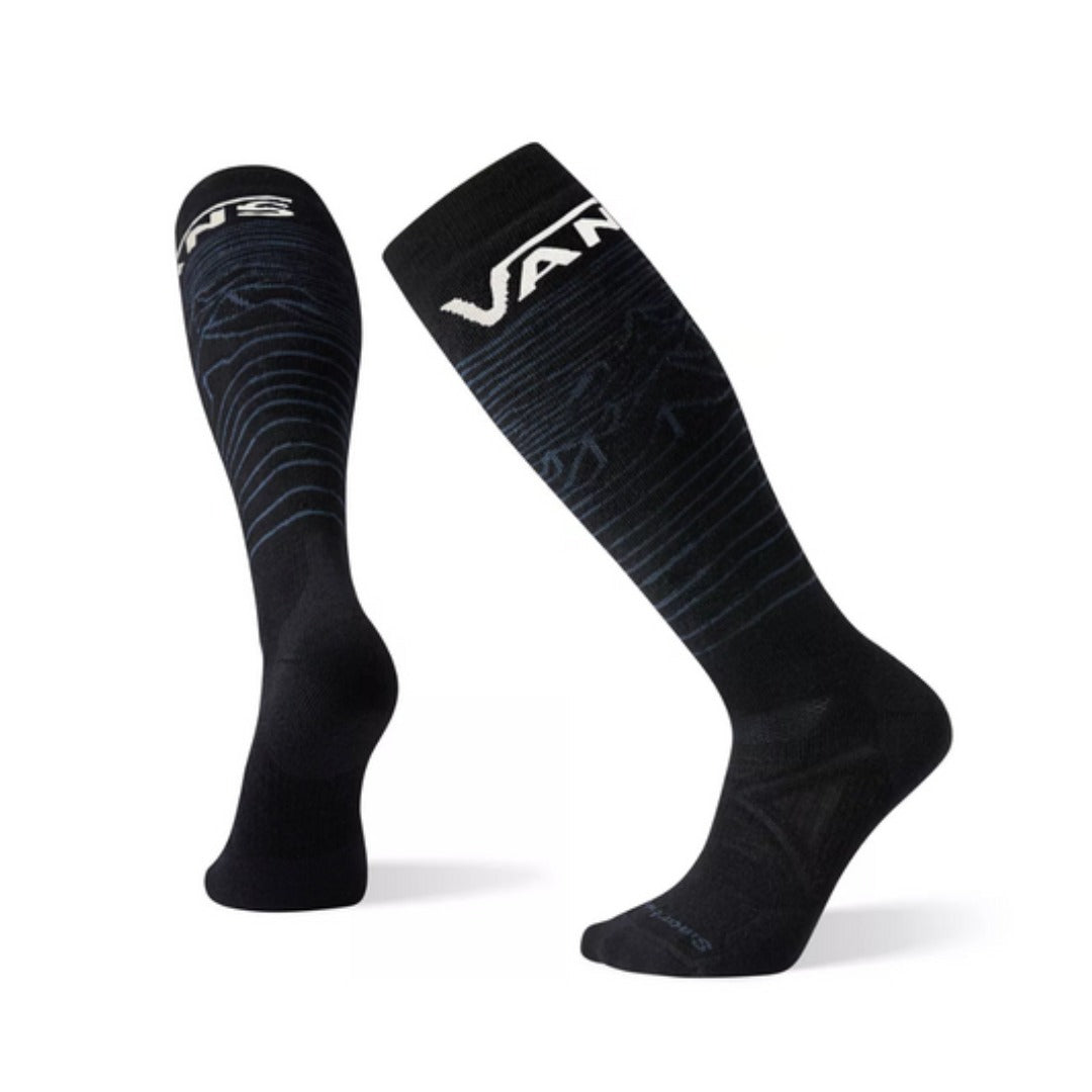 Over-the-calf snow socks featuring merino wool construction, targeted cushioned comfort, and snowboard-inspired winter styling for skiing and snowboarding adventures