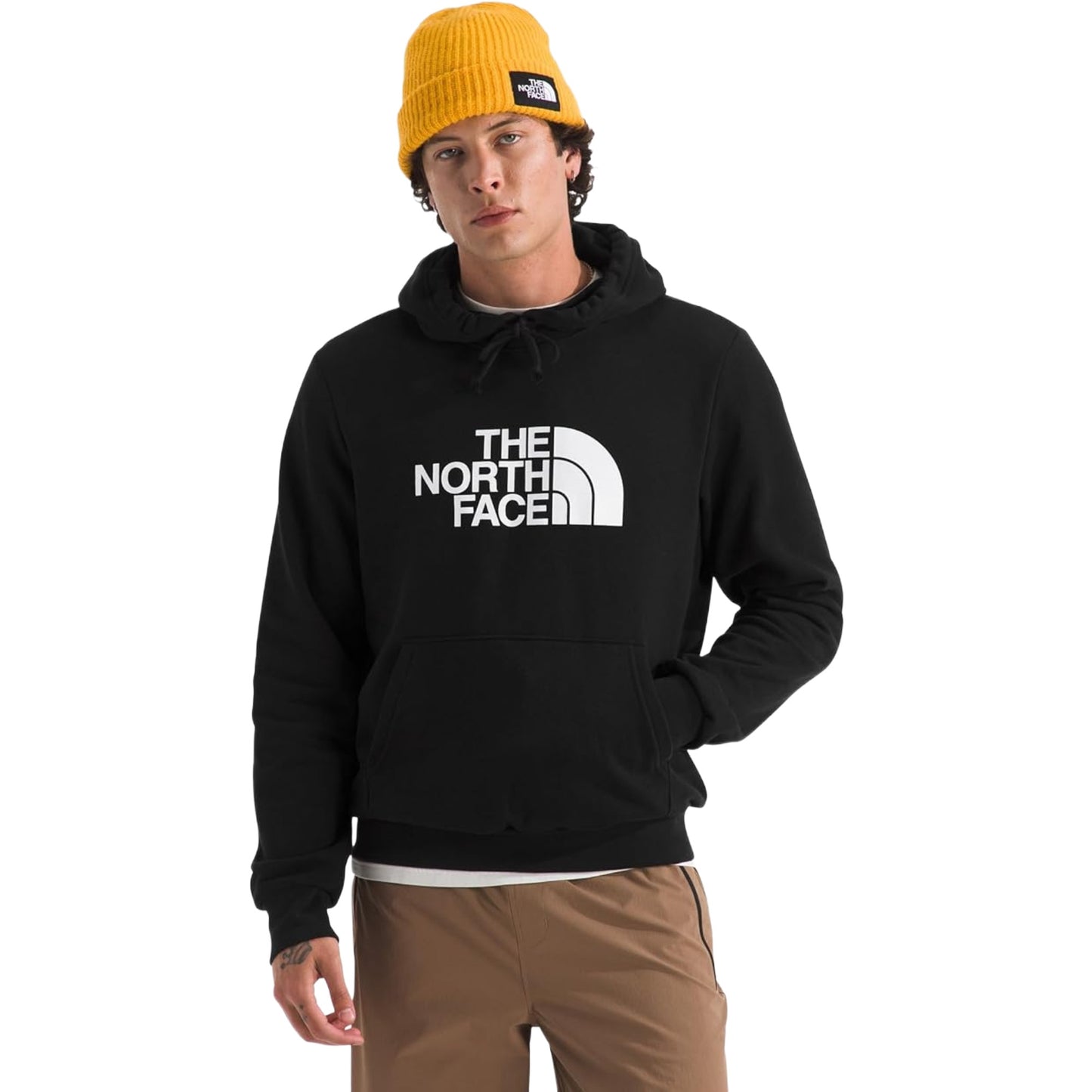 The North Face Men's Evolution Half Dome Hoodie in black, featuring the bold Half Dome logo on the chest, an adjustable hood, and kangaroo pocket.