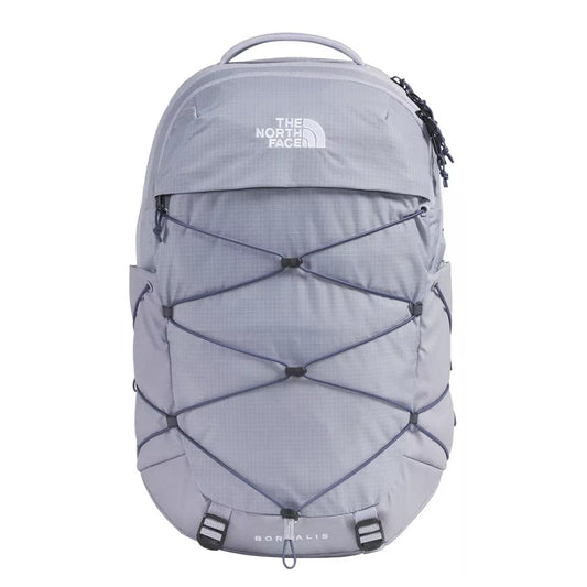 The North Face Women’s Borealis Backpack in black with front bungee system, dual side pockets, and padded straps.