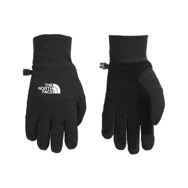 The North Face Women’s Shelbe Raschel Etip Gloves in black with logo detail, featuring a fleece lining and touchscreen-compatible fingertips.
