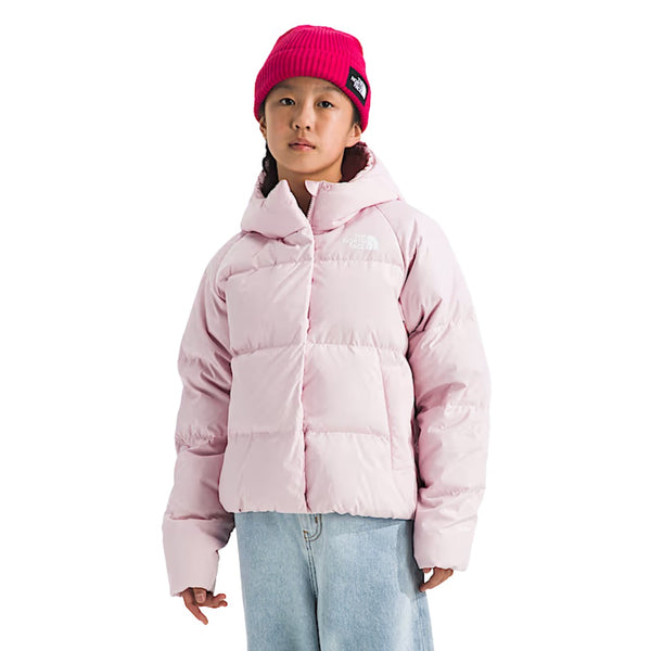 The North Face Girls’ North Down Hooded Jacket in black with full zip, insulated hood, and secure-zip front pockets.