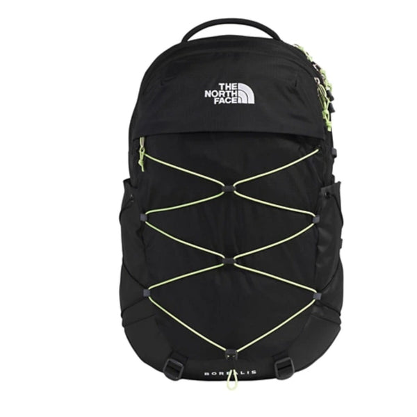 The North Face Women’s Borealis Backpack in black with front bungee system, dual side pockets, and padded straps.