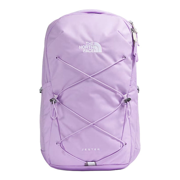 The North Face Women’s Jester Backpack in black featuring front bungee system, padded straps, and dual side pockets.