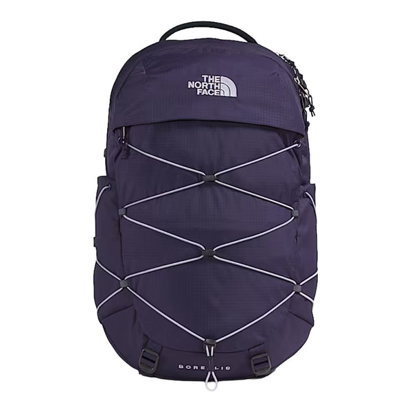 The North Face Women’s Borealis Backpack in black with front bungee system, dual side pockets, and padded straps.