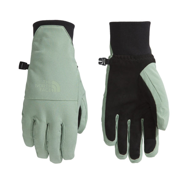 The North Face Women’s Shelbe Raschel Etip Gloves in black with logo detail, featuring a fleece lining and touchscreen-compatible fingertips.
