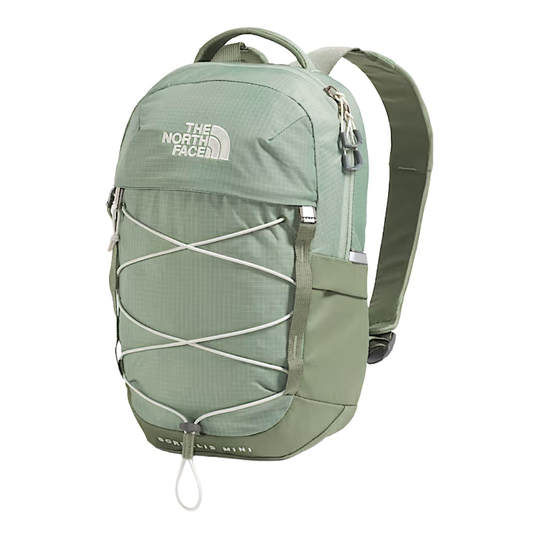 The North Face Borealis Mini Backpack in black with bungee cord detailing and compact, structured silhouette.