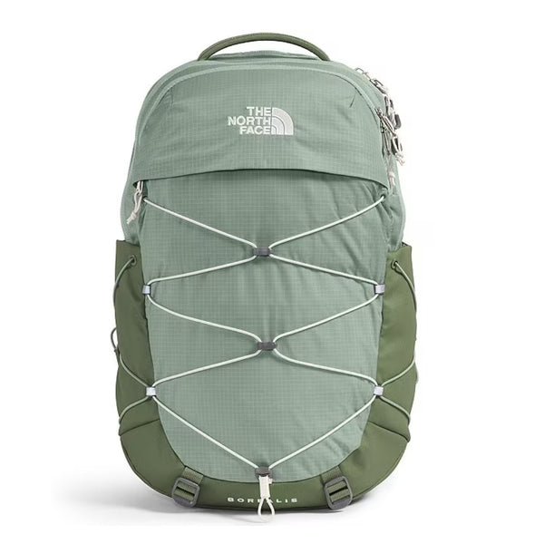 The North Face Women’s Borealis Backpack in black with front bungee system, dual side pockets, and padded straps.