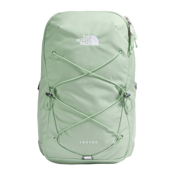 The North Face Women’s Jester Backpack in black featuring front bungee system, padded straps, and dual side pockets.