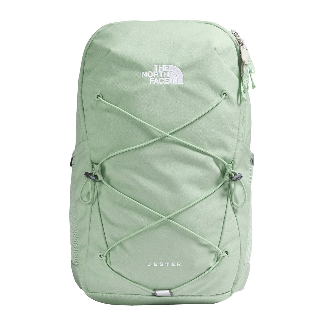 The North Face Women’s Jester Backpack in black featuring front bungee system, padded straps, and dual side pockets.