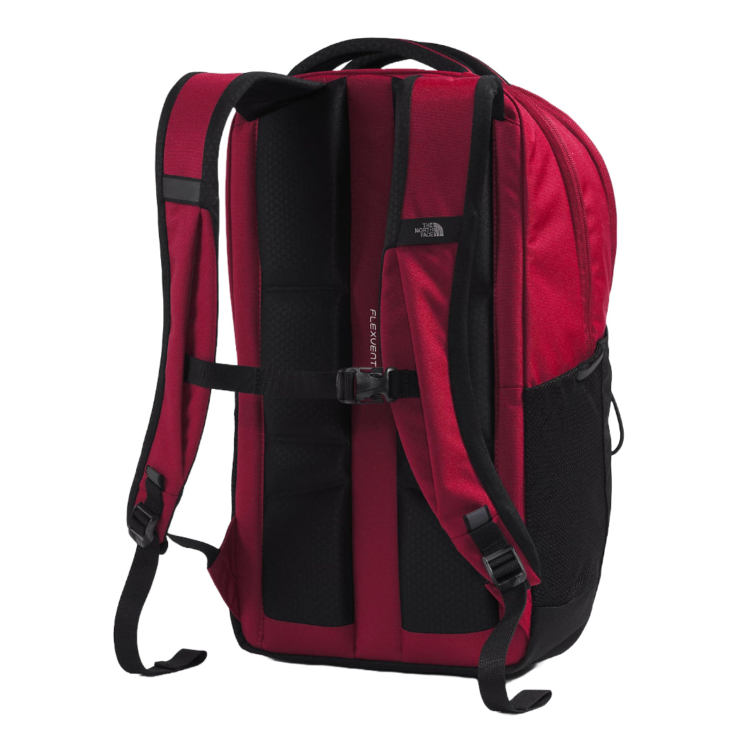 The North Face Jester Backpack in black, featuring a spacious design with multiple compartments and adjustable shoulder straps.