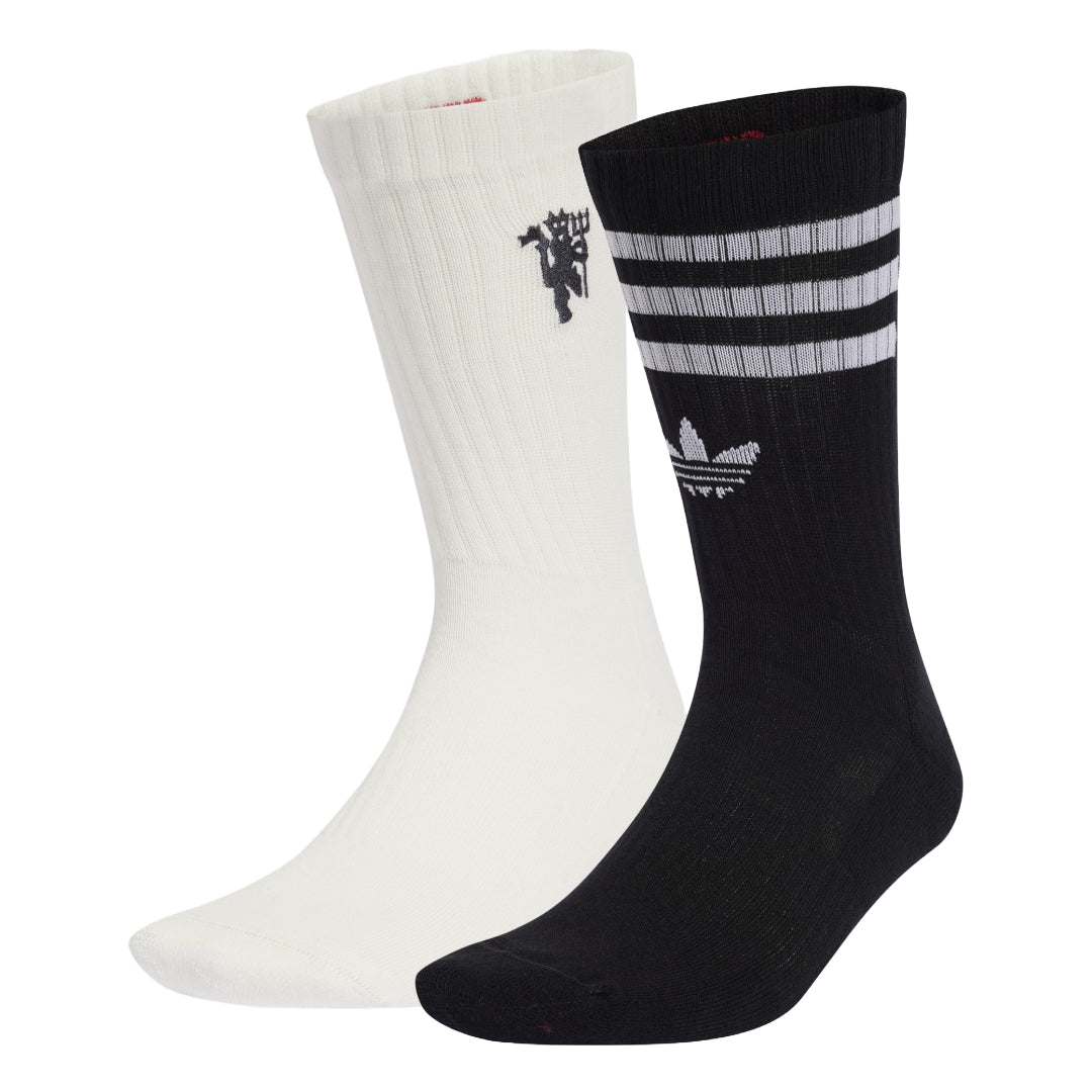 adidas MUFC Crew Socks in black and red with Manchester United logo.