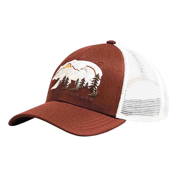 A black trucker hat with The North Face logo, perfect for outdoor enthusiasts in Brandy Brown