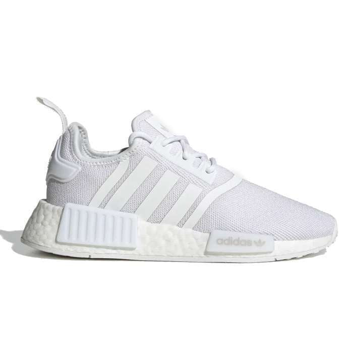 A pair of White adidas Originals Junior NMD_R1 shoes with white detailing.