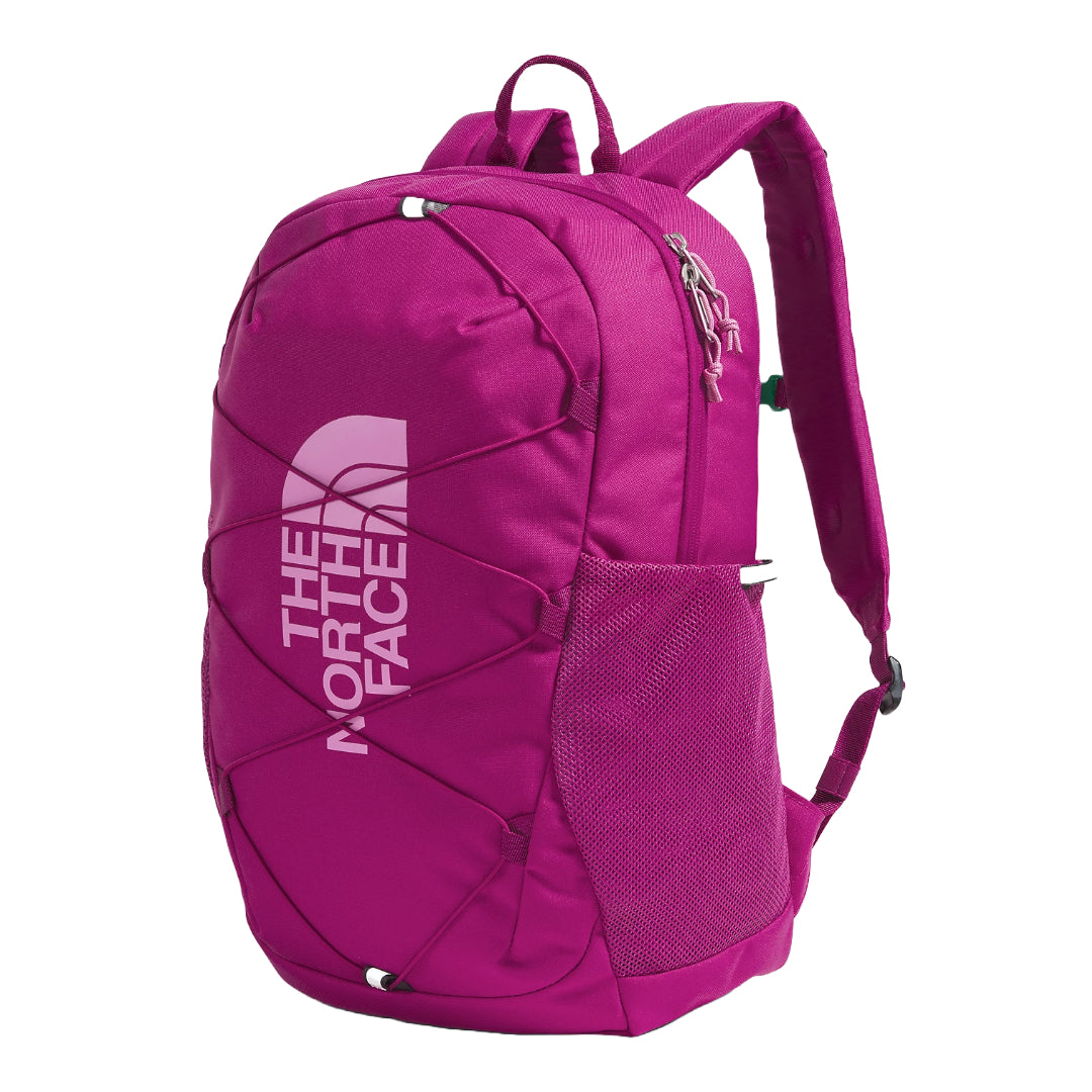 The North Face Youth Court Jester Backpack in blue, featuring a spacious main compartment, front bungee system, and padded shoulder straps.