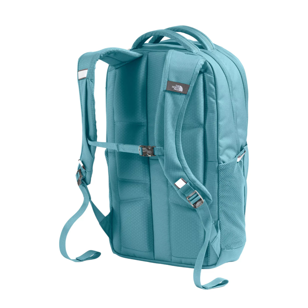 The North Face Women's Jester Backpack in black, featuring a women-specific design, spacious compartments, and adjustable shoulder straps.