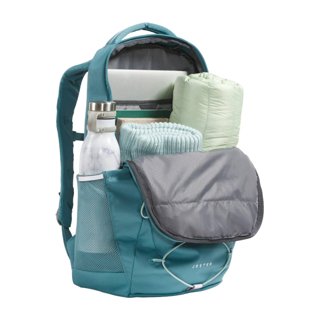 The North Face Women's Jester Backpack in black, featuring a women-specific design, spacious compartments, and adjustable shoulder straps.