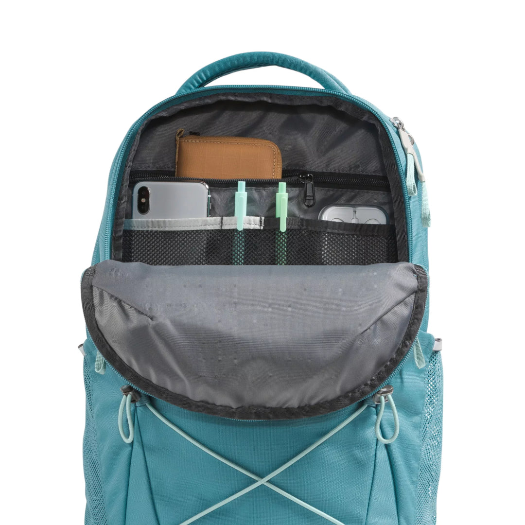 The North Face Women's Jester Backpack in black, featuring a women-specific design, spacious compartments, and adjustable shoulder straps.