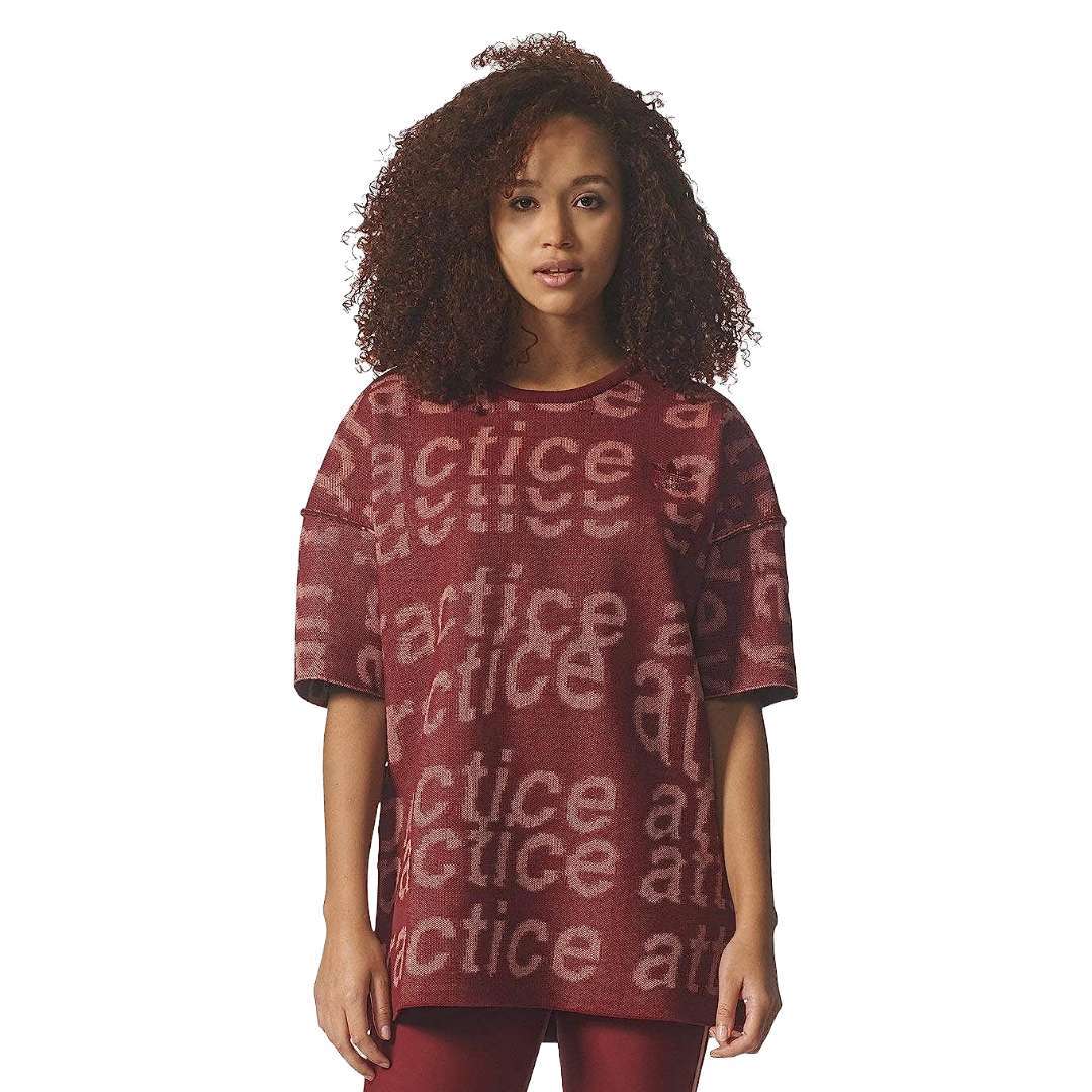 Adidas women's graphic Tee featuring a modern long cut and oversized fit with a bold 'You can't practice attitude' print, available at Runnwalk.com"