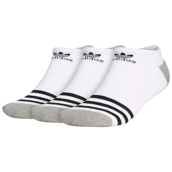 A selection of adidas Originals Men's Roller No Show Socks in white, black, and heather grey