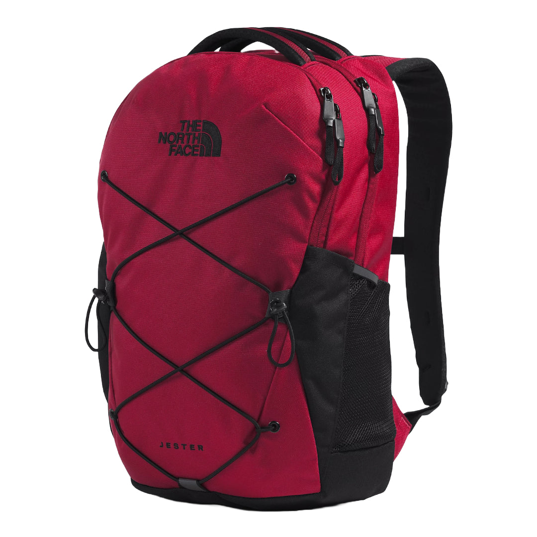 The North Face Jester Backpack in black, featuring a spacious design with multiple compartments and adjustable shoulder straps.