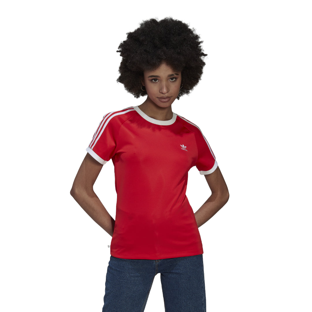 adidas Originals Women's 3 Stripes T-Shirt in black, featuring classic white stripes on the sleeves and a slim fit for a sporty, stylish look.