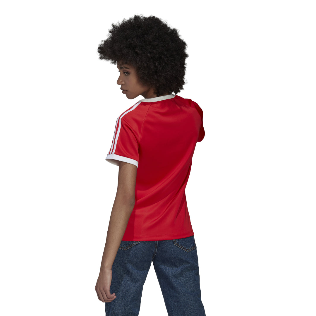 adidas Originals Women's 3 Stripes T-Shirt in black, featuring classic white stripes on the sleeves and a slim fit for a sporty, stylish look.