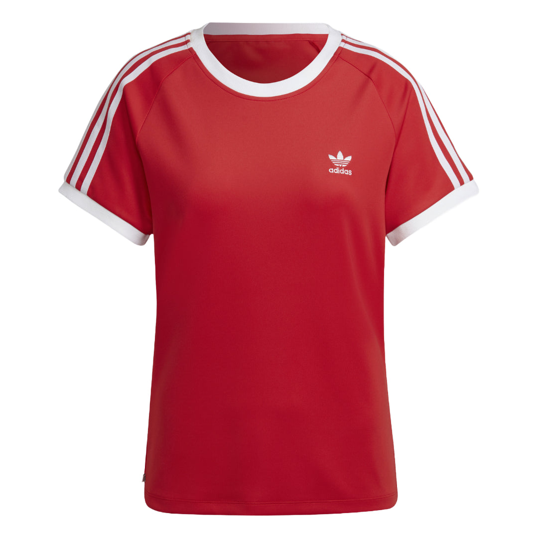 adidas Originals Women's 3 Stripes T-Shirt in black, featuring classic white stripes on the sleeves and a slim fit for a sporty, stylish look.