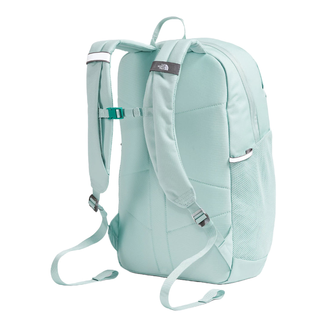 The North Face Youth Court Jester Backpack in blue, featuring a fun design, spacious compartments, and adjustable shoulder straps.