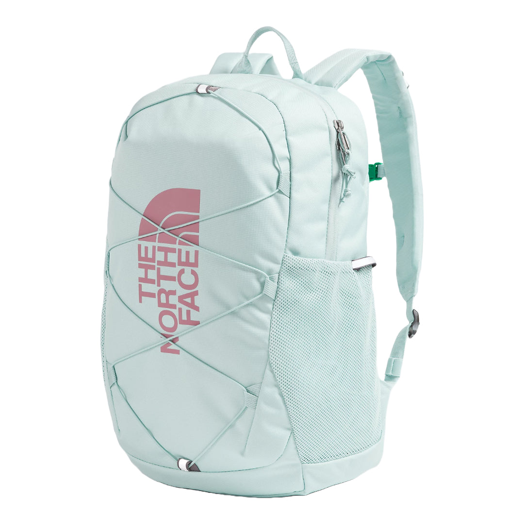 The North Face Youth Court Jester Backpack in blue, featuring a fun design, spacious compartments, and adjustable shoulder straps.