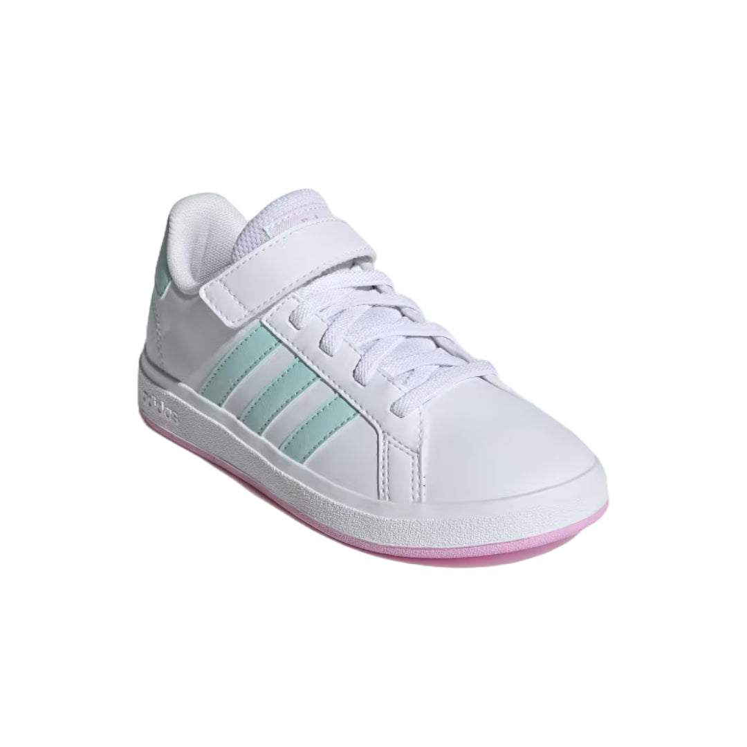 adidas Unisex Kid's Grand Court 2.0 Elastic Lace Shoes in white and blue