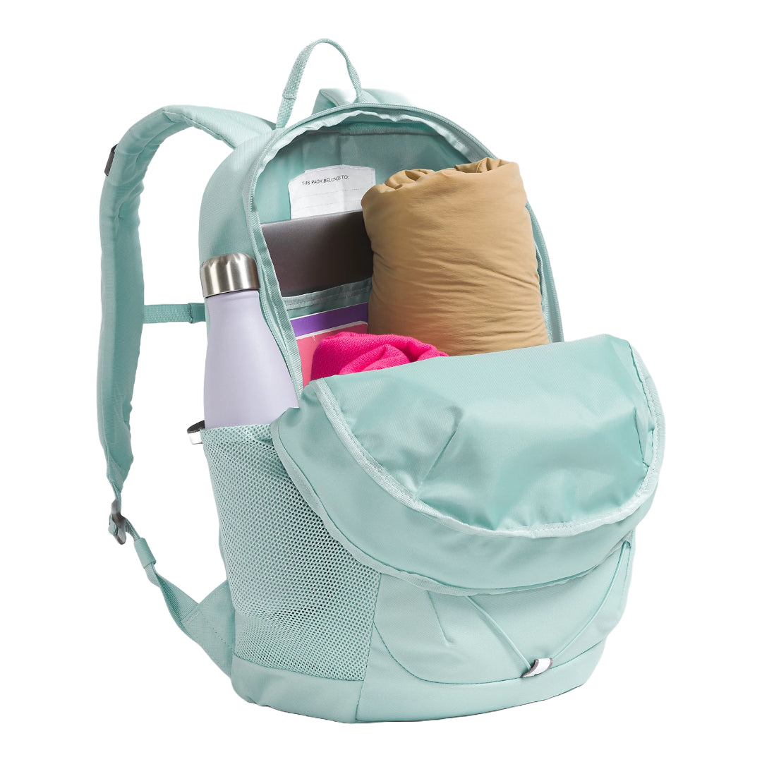 The North Face Youth Court Jester Backpack in blue, featuring a fun design, spacious compartments, and adjustable shoulder straps.