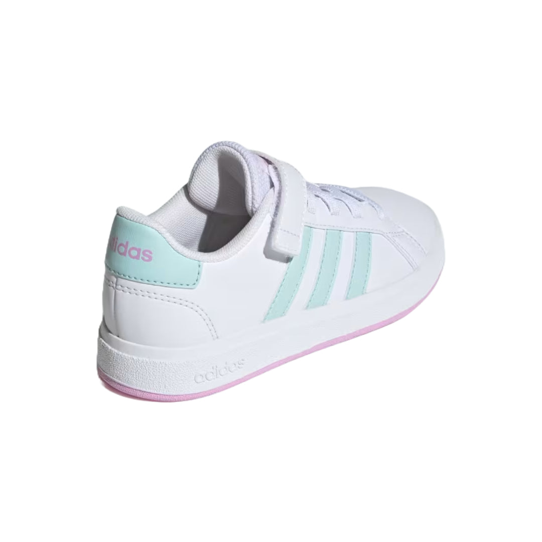 adidas Unisex Kid's Grand Court 2.0 Elastic Lace Shoes in white and blue