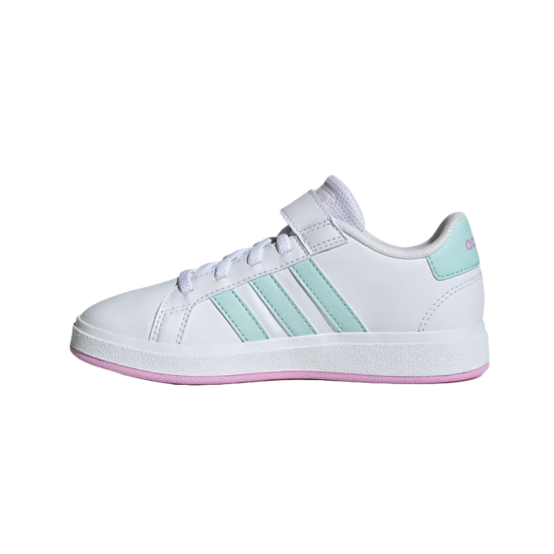 adidas Unisex Kid's Grand Court 2.0 Elastic Lace Shoes in white and blue