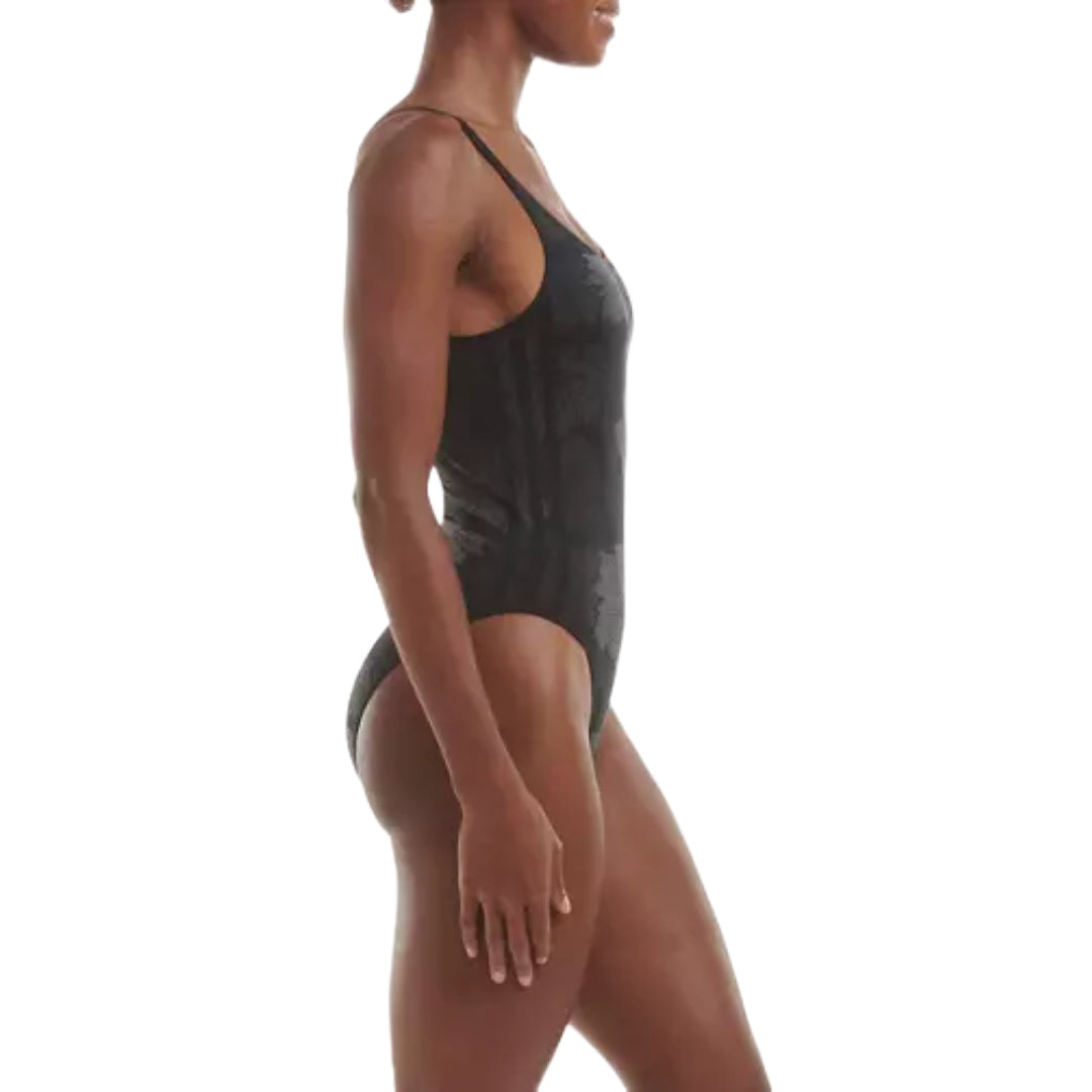 adidas 720 Degree Stretch Jacquard Bodysuit in black, showcasing a sleek, form-fitting design with a high neckline and stretchy fabric for ultimate comfort and flexibility.