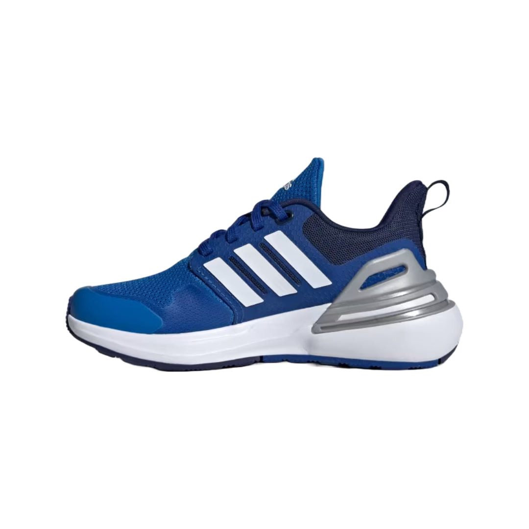adidas Kid's RapidaSport Shoes in vibrant blue and white, featuring a breathable mesh upper and cushioned sole for active kids.
