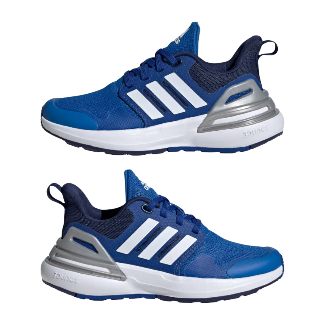 adidas Kid's RapidaSport Shoes in vibrant blue and white, featuring a breathable mesh upper and cushioned sole for active kids.