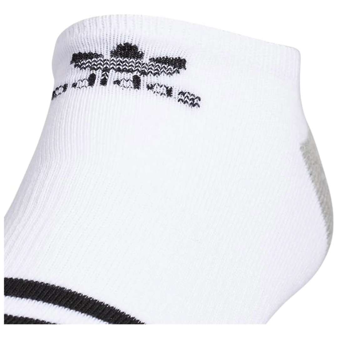 A selection of adidas Originals Men's Roller No Show Socks in white, black, and heather grey