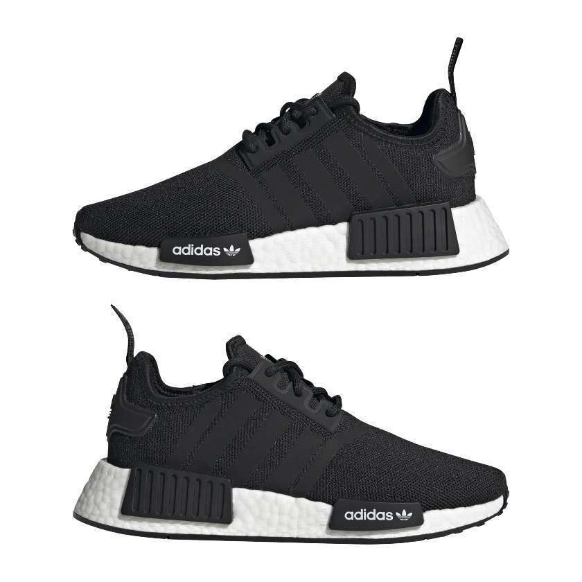 A pair of black adidas Originals Junior NMD_R1 shoes with white detailing.